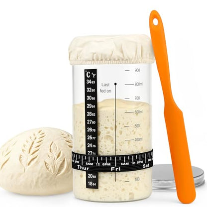 34 oz Sourdough Starter Jar, Large Artisan Glass Sourdough Starter Jar Kit with Long Silicone Spatula, Temperature Strip, Feeding Tracking Band, Linen Cloth Cover & Aluminum Lid
