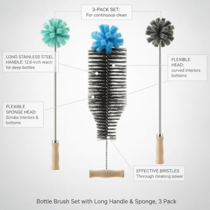 Narrow Neck Bottle Cleaner, Long Handle Stainless Steel Sponge Brush for Slim Containers and Tubes, Green