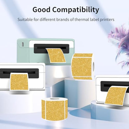 2" x 2" Square Thermal Labels Stickers, Holographic Direct Thermal Stickers Labels, Self-Adhesive Label for Small Business, DIY Logo Design- Glitter Gold - color: Holographic Gold, size: 2 X 2