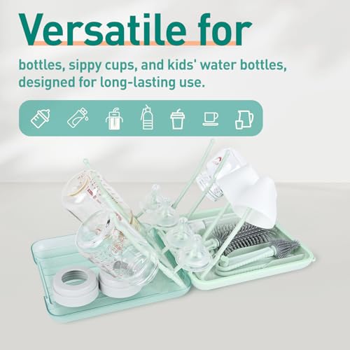 Baby Bottle Brush Set, 6-in-1 Travel Bottle Cleaner Kit with Silicone Bottle Brush, Nipple & Straw Brush, Soap Dispenser, Drying Rack, Storage Box – Compact Baby Travel Essential for Home & On-The-Go - color: Green