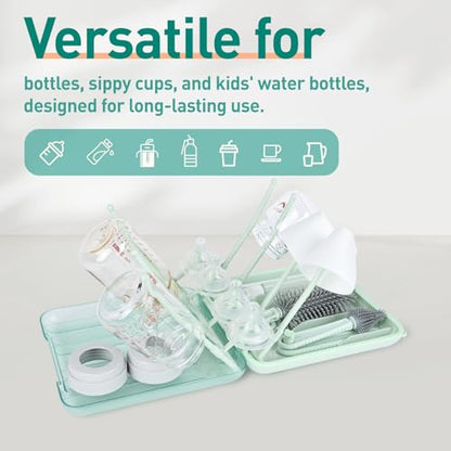 Baby Bottle Brush Set, 6-in-1 Travel Bottle Cleaner Kit with Silicone Bottle Brush, Nipple & Straw Brush, Soap Dispenser, Drying Rack, Storage Box – Compact Baby Travel Essential for Home & On-The-Go - color: Green