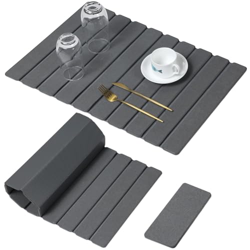 Large Stone Dish Drying Mat for Kitchen Counter, Thin & Light Quick Dry Stone Bath Mat, Foldable Water Absorbing Diatomite Drying Pad for Kitchen Bathroom Sink Countertop (Pure Gray 24"×16" & 8"x4") - color: Pure Gray, size: 24" x 16"