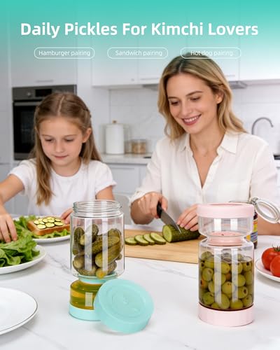 ZENS Pickle Jar with Strainer Flip, 37 oz Hourglass Pickle Juice Separator Container, Airtight Leakproof Lid, Dual Wet-Dry Design, Time Tracker Lid – 2 Pack Olive & Kimchi Jars - color: 01-Pink&Blue, size: 37oz 2pcs
