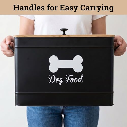 Dog Food Container Airtight Bamboo Lid 15-20 lb Sturdy Metal Handle 70 Cups | Pet Jar For Dogs up to 100lbs, Airtight Bamboo Lid, Sturdy Comfortable Metal Handle, Powder Coated Iron, Kibble Storage Bin - color: Black