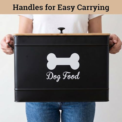 Dog Food Container Airtight Bamboo Lid 15-20 lb Sturdy Metal Handle 70 Cups | Pet Jar For Dogs up to 100lbs, Airtight Bamboo Lid, Sturdy Comfortable Metal Handle, Powder Coated Iron, Kibble Storage Bin - color: Black