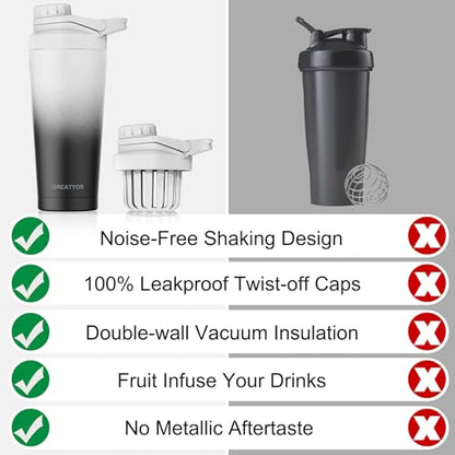Stainless Steel Shaker Bottle with Noise-Free Design - Patented 24 oz Insulated Metal Shakers Bottles Cup for Protein Mixes and Pre Workout 100% Leak Proof (Day Night) - color: Day Night