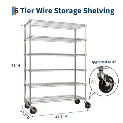 Garvee 2640LBS 6 Tier Metal Shelving with Wheels, Heavy Duty Storage Shelves Chrome Wire Racks for Garage Kitchen Commercial, Adjustable NSF Shelving, Rolling Pantry Shelf, 47" Wx18 Dx72.4 H | ﻿Heavy Duty Shelves Units for Garage Kitchen Organization, Adj