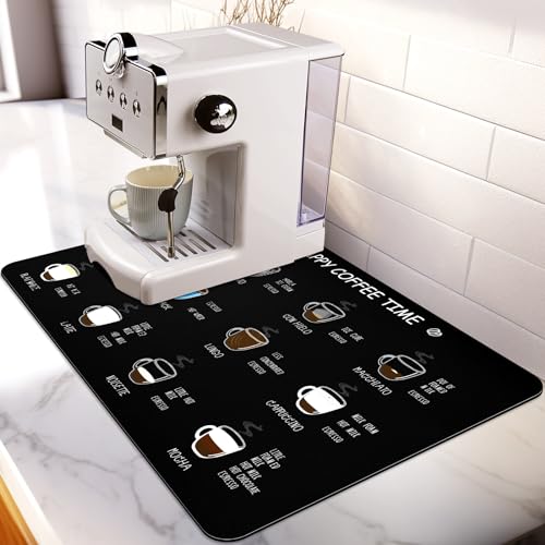 Matace Coffee Bar Mat for Countertop, Large Absorbent Coffee Station Accessories, Hide Stains Dish Drying Mat, Non-Slip Rubber Backing, 16" x 24", Coffee Flavor Menu - color: Coffee Menu, size: 24" x 16"