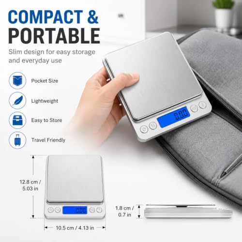 Digital Gram Scale 500g 0.01g Food Scale High Precision Kitchen Scale Multifunctional Stainless Steel Pocket Scale with Back-Lit LCD Display Tare PCS Features Silver