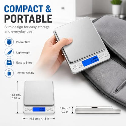 Digital Gram Scale 500g 0.01g Food Scale High Precision Kitchen Scale Multifunctional Stainless Steel Pocket Scale with Back-Lit LCD Display Tare PCS Features Silver