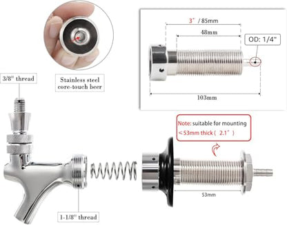 3'' Draft Beer Faucet Shank, 1/4'' Beer Line Barb Brewing No Leak No Drip No Stick Stainless Core Kegerator Tap Beer Shank Dispenser Self-Closing Spring Tap Brush Spanner Wrench Hose Clamp - size: 3"