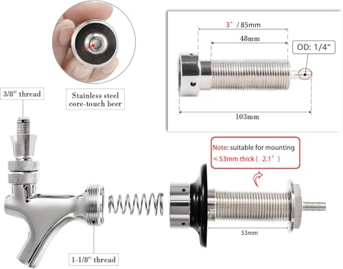 3'' Draft Beer Faucet Shank, 1/4'' Beer Line Barb Brewing No Leak No Drip No Stick Stainless Core Kegerator Tap Beer Shank Dispenser Self-Closing Spring Tap Brush Spanner Wrench Hose Clamp - size: 3"