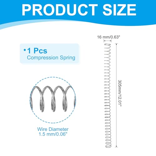 PATIKIL Compression Spring 1.5 mm Wire Dia x 16 mm OD x 305 mm L, 1 Pcs 304 Stainless Steel Mechanical Extension Small Springs Pen Springs Assortment Kit for Shop and Home Repairs - size: 16x1.5x305 mm