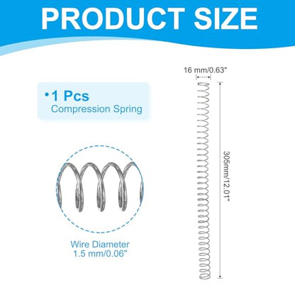 PATIKIL Compression Spring 1.5 mm Wire Dia x 16 mm OD x 305 mm L, 1 Pcs 304 Stainless Steel Mechanical Extension Small Springs Pen Springs Assortment Kit for Shop and Home Repairs - size: 16x1.5x305 mm