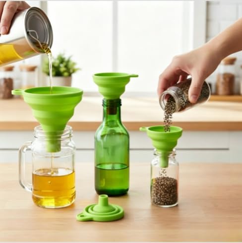 4 Pack Silicone Collapsible Kitchen Funnel for Water Beer Oil Filling Bottles ，Foldable Silicone Funnel Set – Collapsible Small & Large Funnels, Water Bottles & Liquid Transfer – Food Grade（Green） - color: green