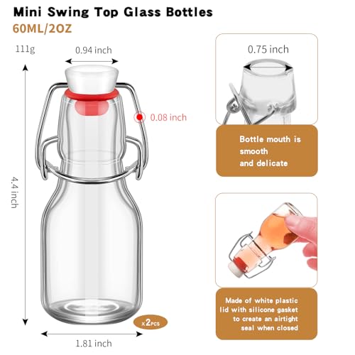 2Pcs Swing Top Small Glass Bottles 2 oz With Flip Airtight Lids for Home Brewing, Beverages, Oil, Vinegar, Water, Soda,Limoncello, Homemade liquor, vanilla (Red cap) - color: Red cap