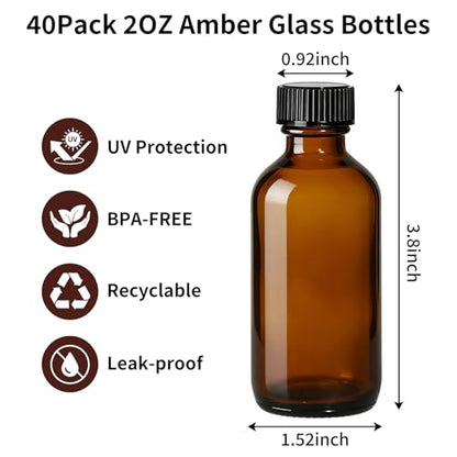 40 Pack 2oz Amber Glass Boston Round Bottles with Polycone Leak-Proof Phenolic Caps – Brown Airtight Refillable Containers for Homemade Vanilla Extract, Essential Oils, Herbal Medicine, and Syrups - size: 2oz