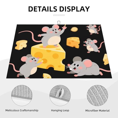 Dish Drying Mat for Kitchen Counter, 18" x 24" Microfiber Dishes Drainer Mats Super Absorbent Kitchen Drying Mat Cute Mouse cheese Dish Rack Pad for Utensils, Countertops, Sinks