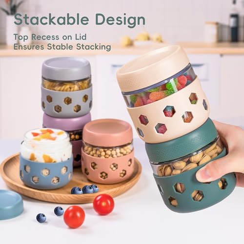 Gemice 6-Pack 10 oz Overnight Oats Containers with Lids and Silicone Sleeves, Glass Mason Jars with Airtight Lid, Dishwasher Safe, Wide Mouth Chia Seed Pudding Meal Prep Jar for Yogurt Berries Snack - color: Retro Pastel, size: 10oz, 6-Pack