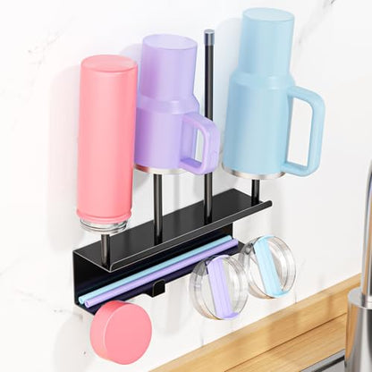 Wall Mounted Water Bottle Drying Rack with Lid & Straw Organizer, Metal Tumbler and Cup Dryer Stand, Space-Saving Drying and Storage Rack for Tumbler, Bottles, Baby Bottle & Glass (Black)