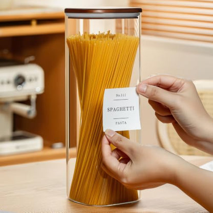 Wissy&Konny 3 Pack Square Glass Pasta Storage Containers with Walnut Wooden Airtight Lids, 70oz Tall Spaghetti Container Storage for Pasta,Spaghetti,Cereal,Space Saving Design(132 Pantry Labels)