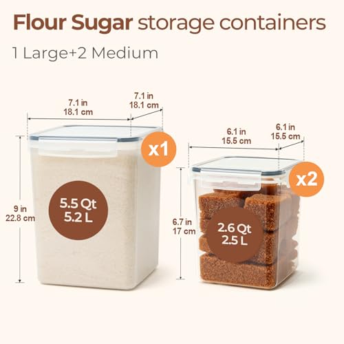 3 PCS Airtight Flour and Sugar Container for Pantry - 5lb Flour Capacity - 7.1 Inch Extra Wide Mouth Square Pantry Storage - Set of 3 (5.2L/5.5Qt) (2.5L/2.6Qt*2) - Stackable Baking Supplies Organizer - size: 5.5Qt/2.6Qt-Square