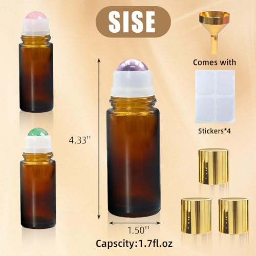 3 Pack Rose Quartz & Amethyst & Green Aventurine Roller Bottles for Oils, 50ml Refillable Amber Glass Roll On Bottles with Natural Crystal Roller, Leak-Proof Travel Perfume Bottle with Gold Caps - size: 3 Pack