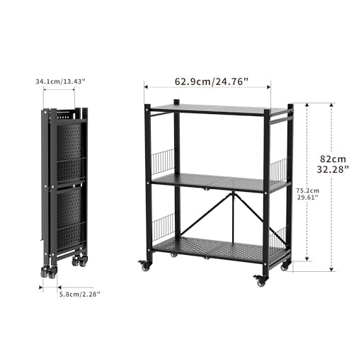 Folding Storage Shelves No Assembly, 3 Tier Metal Foldable Shelves with Wheels, Collapsible Rolling Storage Rack for Laundry Room Garage Small Spaces, Black - color: Black/3-tier