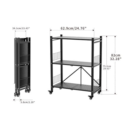 Folding Storage Shelves No Assembly, 3 Tier Metal Foldable Shelves with Wheels, Collapsible Rolling Storage Rack for Laundry Room Garage Small Spaces, Black - color: Black/3-tier