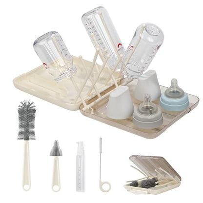Baby Bottle Cleaning Kit, 6-in-1 Bottle Brush Set with Nipple Brush, Straw Cleaner, Drying Rack and Travel Storage Case