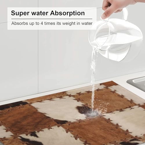 Cowhide Dish Drying Mat Patchwork Cow Fur Print Farm Animal Western Cowboy Drying Rack Pad Countertop Dishes Ultra Absorbent Microfiber Kitchen Counter Mat 18x24 Inch - color: Brown Beige