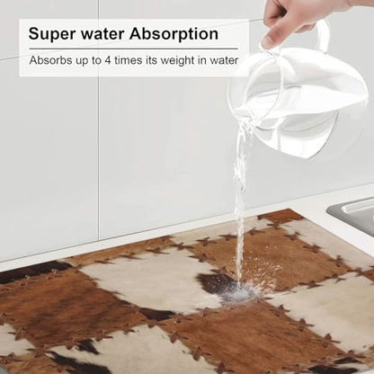 Cowhide Dish Drying Mat Patchwork Cow Fur Print Farm Animal Western Cowboy Drying Rack Pad Countertop Dishes Ultra Absorbent Microfiber Kitchen Counter Mat 18x24 Inch - color: Brown Beige