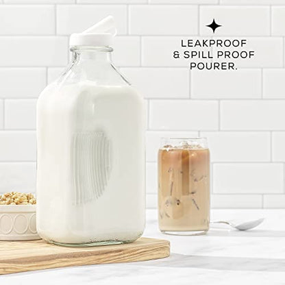 JoyJolt Glass Milk Bottles with Lids and Pourer – 64 Oz, 3 Pack Airtight Heavy Duty Reusable Glass Bottles, Leakproof, BPA-Free, Food Grade, Dishwasher Safe Jug, Pitcher for Milk, Juice, and Water - size: 64 Oz