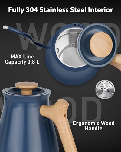 Harriet Gooseneck Electric Kettle - 1200W Fast Heat, 0.8L Stainless Steel, Precision Temp Control & Timer, Wood Handle, Pour Over Coffee and Tea, Blue - color: Blue