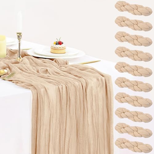 10 Pack Champagne Cheesecloth Table Runner 35x120 Inches, Boho Gold Cheese Cloth Table Runner 10FT Sheer Gauze Runner for Bridal Shower Wedding Baby Shower Party Decor - color: Champagne, size: 10ft x 10pcs