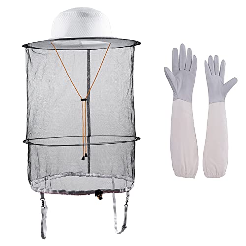 2 in 1 Beekeeping Beekeeper hat and Bee Gloves Insect Bug Mosquito Netting mesh Veil Hood Costumes for Men Women - color: White
