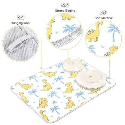 Dinosaur Palms Tree Dish Drying Mat for Kitchen Counter Super Absorbent Draining Mat with Non-slip Backed Dishwashing Mat for Dish Bottles Cups Bowl Sinks Countertops Draining Racks