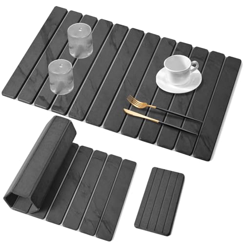 2 PCS Extra Large Stone Dish Drying Mat for Kitchen Counter, 28"×16" Marble Dish Drying Mat with 8"x 4" Coasters, Non - Slip Collapsible Absorbent Stone Dish Drying Mat for Multi - Purpose - color: Gray Marble, size: 28" x 16"