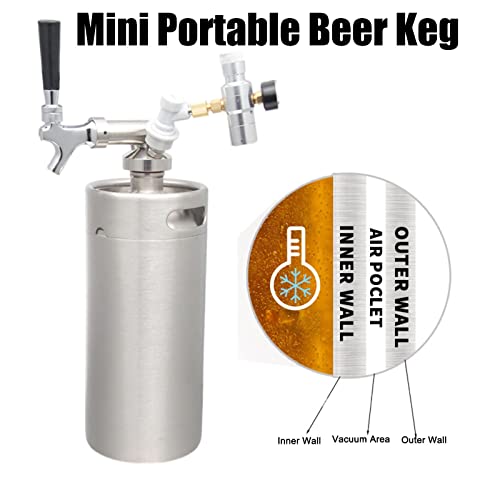 Mini Stainless Steel Beer Keg,Portable Home Dispenser System to Keep Fresh for Home Kitchen Brewing Beer,Keeps Carbonation for Craft Beer Draft and Homebrew,3.6 liters