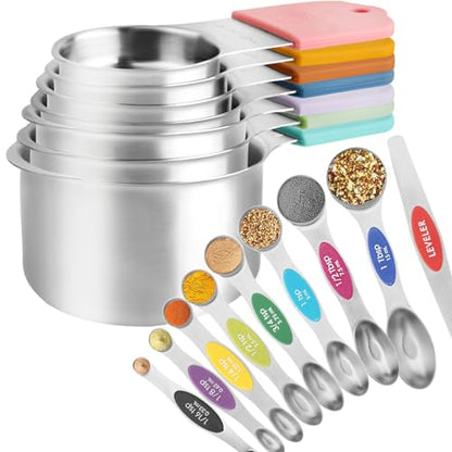 RUNZI 16 Pcs Magnetic Measuring Cups and Spoons Set,Stackable Metal Measure Cup for Measuring Dry and Liquid Ingredients,Kitchen Dry Food, Cooking Baking Measurements,Silvery - color: Silvery-16pcs