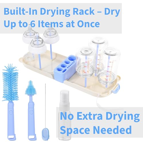 Travel Bottle Cleaner kit, 7in1 Baby Travel Gear Silicone Travel Bottle Brush Set Nipple Drying Rack, Straw Breast Pump Cleaning Soap Dispenser Organizer Case Mon Gift (Blue) - color: Blue