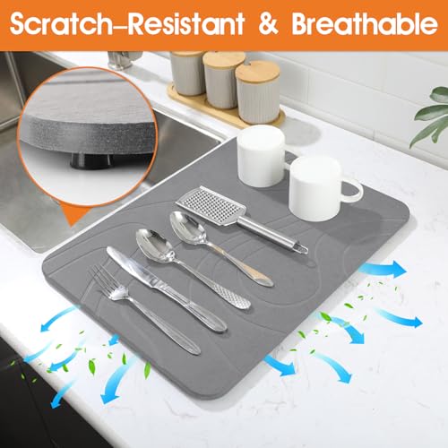 Snuggery Stone Drying Mat for Kitchen Counter - 18"x14" Dirt-Resistant Quick Drying Fast Absorbent Non-Slip Diatomite Mat, Natural Diatomaceous Earth Dish Drying Pad for Dish Rack(Dark Grey) - size: 18" x 14"