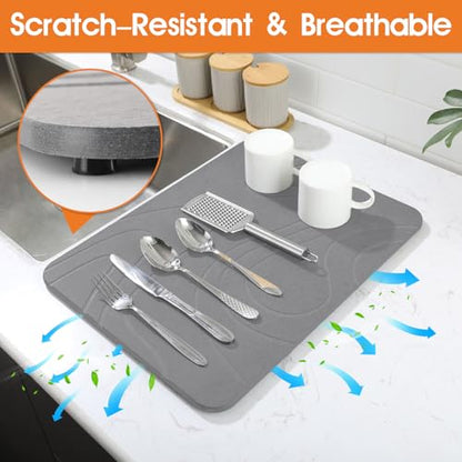 Snuggery Stone Drying Mat for Kitchen Counter - 18"x14" Dirt-Resistant Quick Drying Fast Absorbent Non-Slip Diatomite Mat, Natural Diatomaceous Earth Dish Drying Pad for Dish Rack(Dark Grey) - size: 18" x 14"