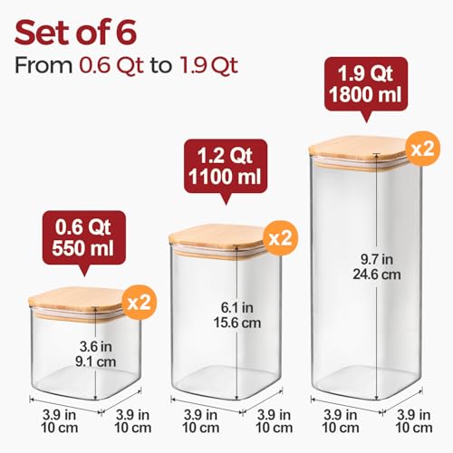 6-Pack Square Glass Pantry Storage Containers with Lids, Airtight Stackable Pantry Organization and Storage Set (1.9/1.2/0.6 Qt) for Snacks, Cereal & Coffee - size: 1.9Qt*2+1.2Qt*2+0.6Qt*2