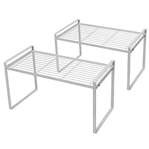 Shantton 2Pack Cabinet Shelf Organizer Storage Rack Space Saving for Kitchen Counter Pantry Bathroom Cupboard Under Sink Office Table Steel Stackable Rust Resistant Heavy Duty Nonslip 16” White - Tall - color: White, size: L16" W8.3" H9.5"