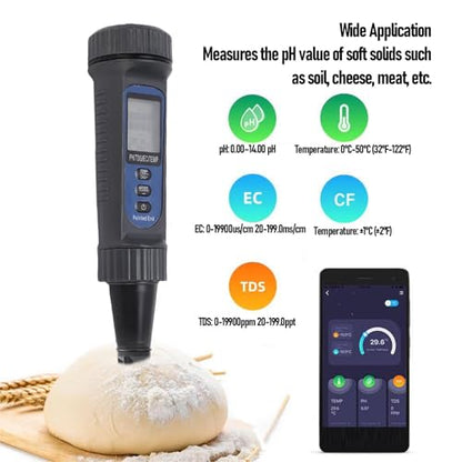 Asixxsix pH Meter, 4 in 1 Digital pH EC TDS Temp Meter with Penetration Type Electrode for Sourdough Fermentation, Cheese, Meat, Cosmetics, Soil