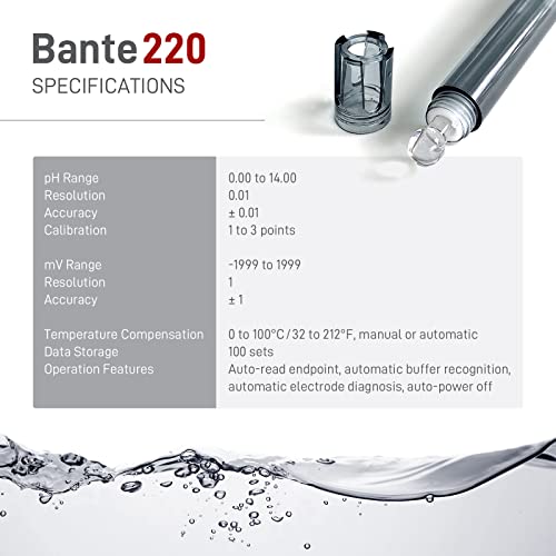 Bante 220 Portable pH Meter, ±0.01 pH Accuracy, 1 to 3 Points Calibration, Automatic Temperature Compensation, Auto-Read Measurement Endpoint, 100 Sets of Data Storage
