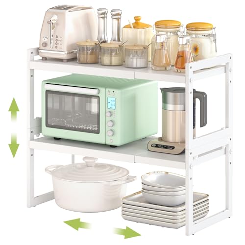 Expandable Cabinet Shelf Organizer, Stackable Kitchen Counter Shelf, White | Space Saving Metal Pantry Storage Racks for Kitchen Spice Rack Pans and Untensils Bathroom Office Organization, 2-Tier - color: Root={'value': "White, 8.3''d*14.02-22.3''w*17.42'