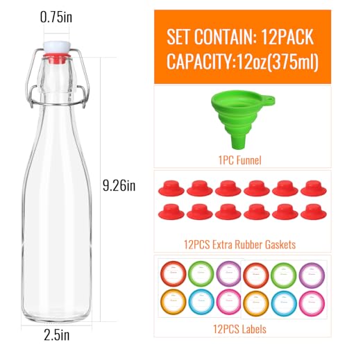 12 oz Swing Top Glass Bottles 12 Pack, Flip Caps with Rubber Seal | Airtight, home brewing/kombucha, beverages/oil/vinegar, wine/cider/soda, reusable stopper lids - size: 12oz-12Pack