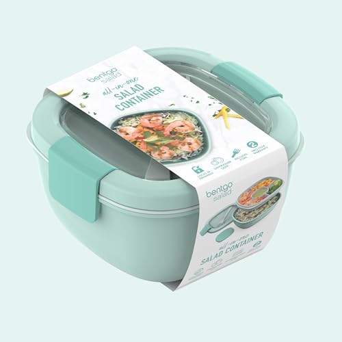 Bentgo Salad Container - 54 oz Bowl with 4-Compartment Toppings Tray, Leak-Proof Dressing Container, Reusable Fork, BPA-Free Lunch Box for Meal Prep & Food Storage; Removable Bento Tray (Coastal Aqua) - color: Coastal Aqua